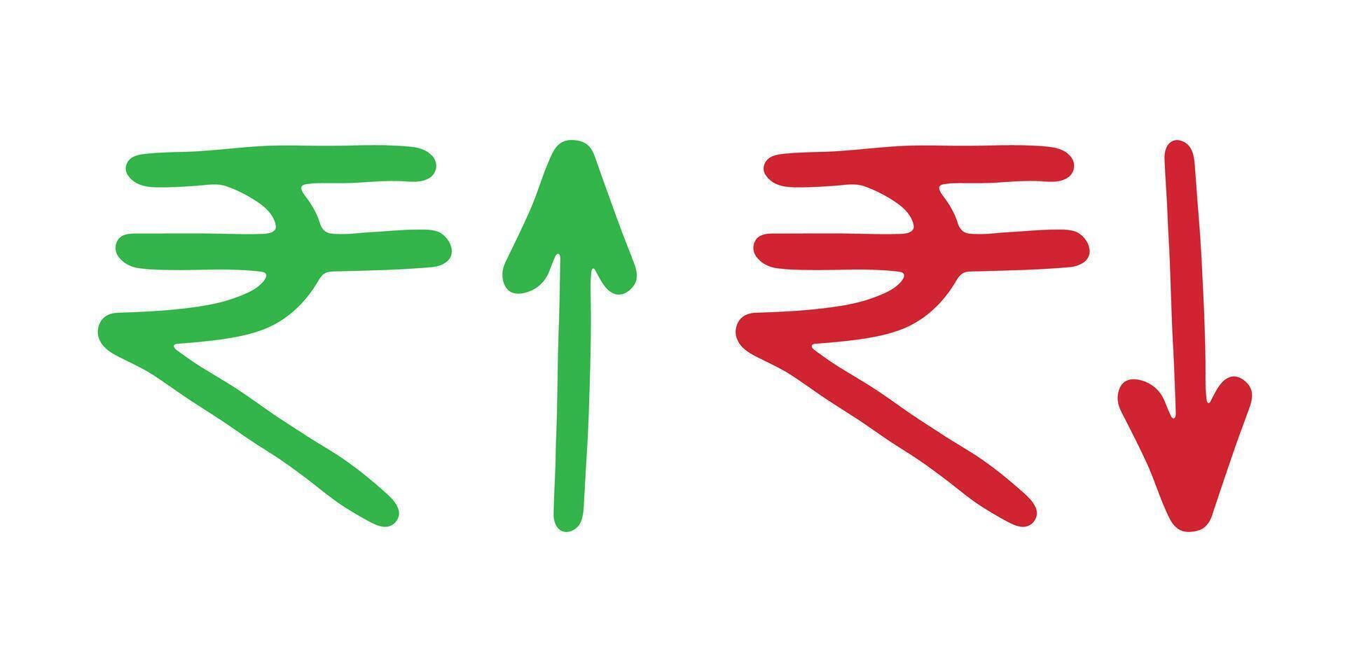 Hand drawn rupee currency symbol Growth and fall profit with arrow up and down Brush stroke doodle Element for design Red, green vector