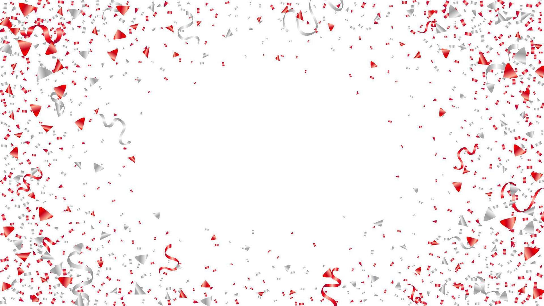 Holiday frame background with silver, red confetti and tinsel serpentine. Festive celebrate backdrop illustration vector