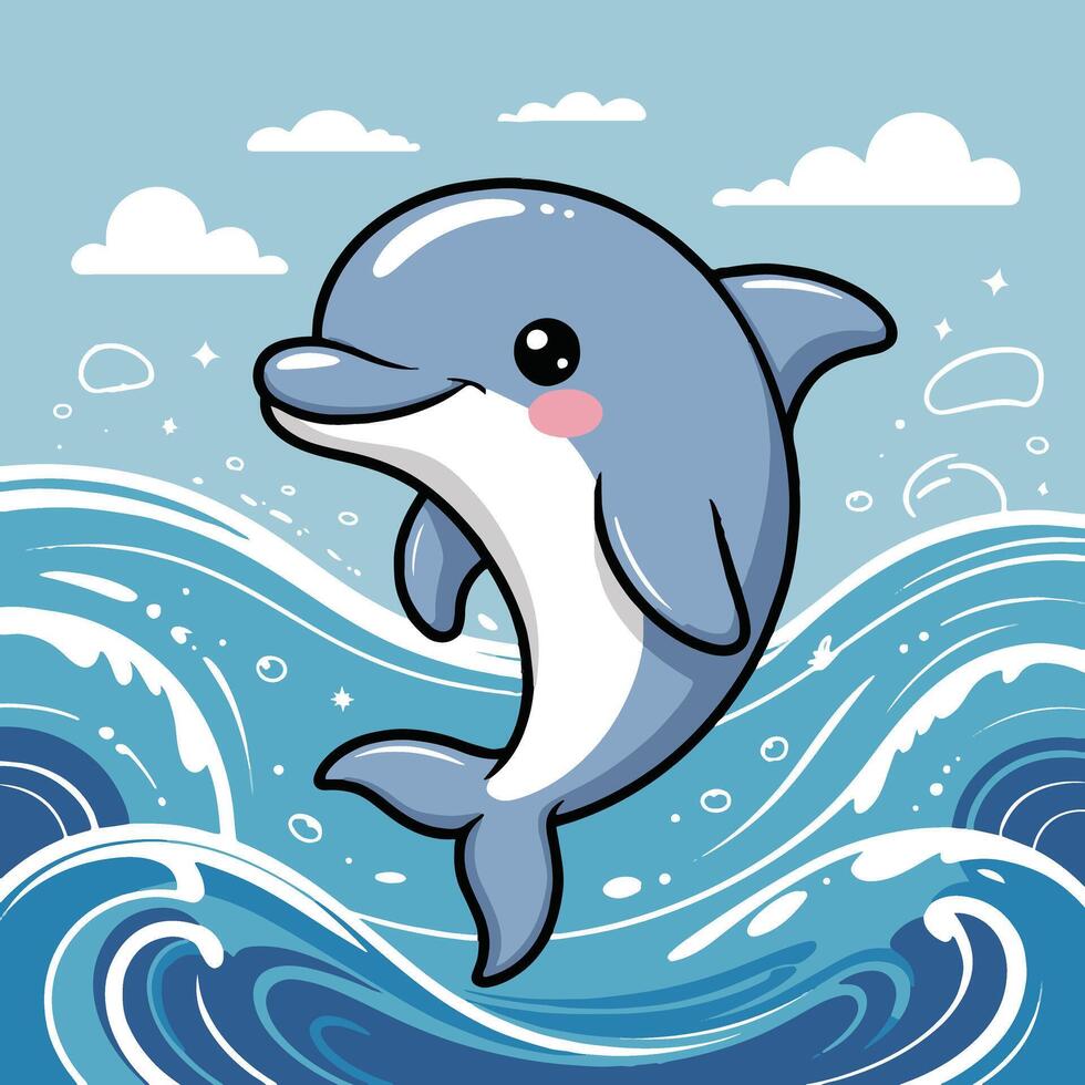Dolphin jumping in the ocean with waves and clouds vector