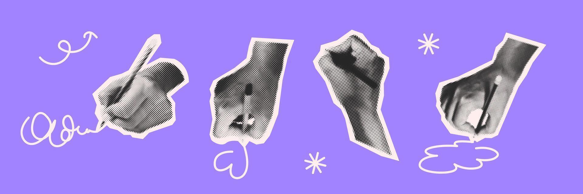 Graphic illustration of hands drawing in abstract style on purple backdrop. Monochrome hands with dynamic lines evoke creativity and artistic expression. vector