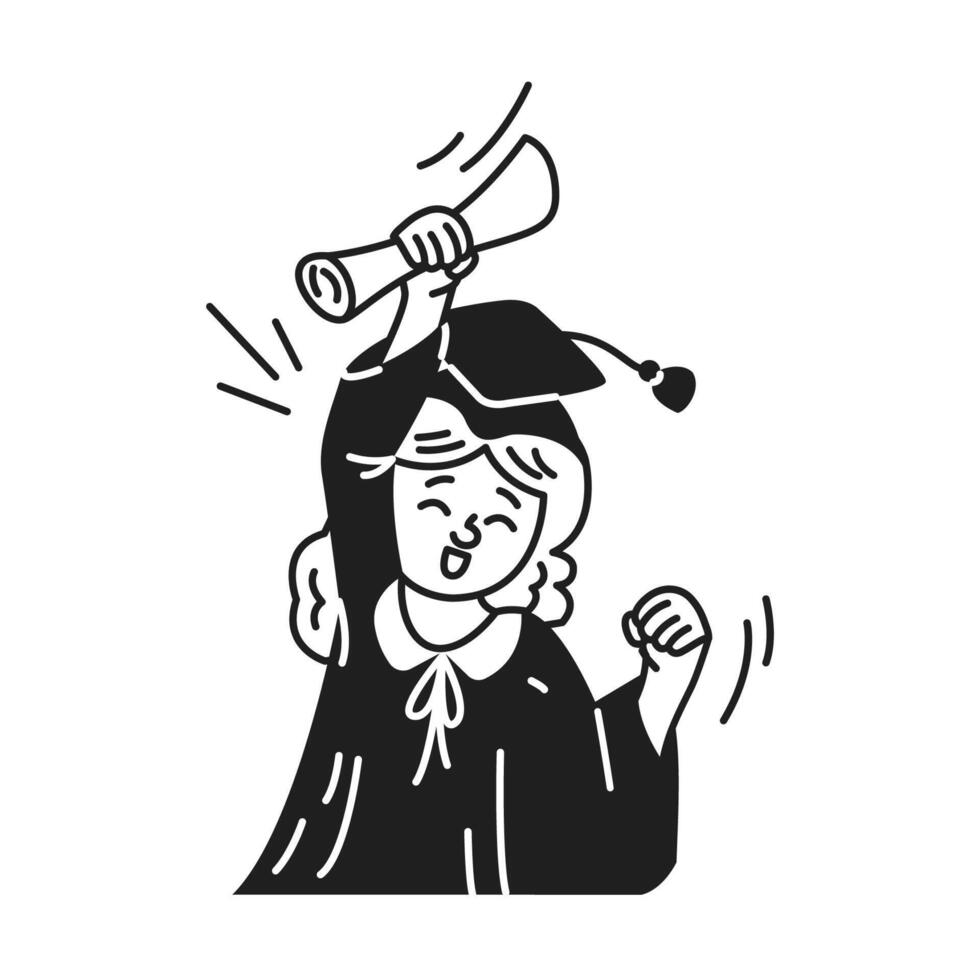 A joyful student celebrates success wearing a cap and gown. Black and white drawing shows excitement. Represents educational achievement and graduation on a simple backdrop. vector