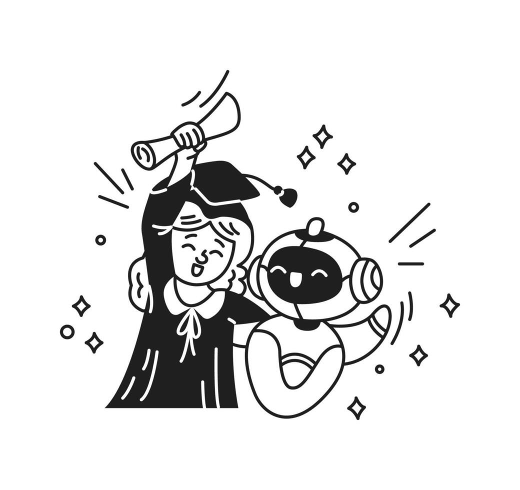 Graduate girl in cap celebrates with joyful artificial intelligence. Monochrome illustration highlights achievement and technology friendship in education. Bright backgrounds. vector
