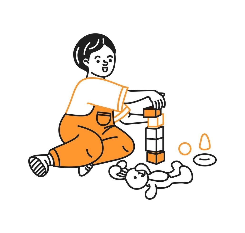 Doodle illustration. Child happily stacking colorful blocks while playing with toys. Simple cartoon design with orange and white shades. Encourages creativity in a playful setting. vector
