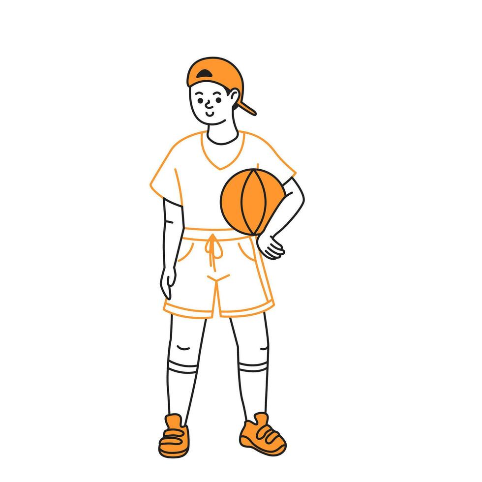Doodle illustration of a young boy holding a basketball. He is wearing casual sports attire and a cap. The image uses simple orange and black lines. Minimalist style. vector