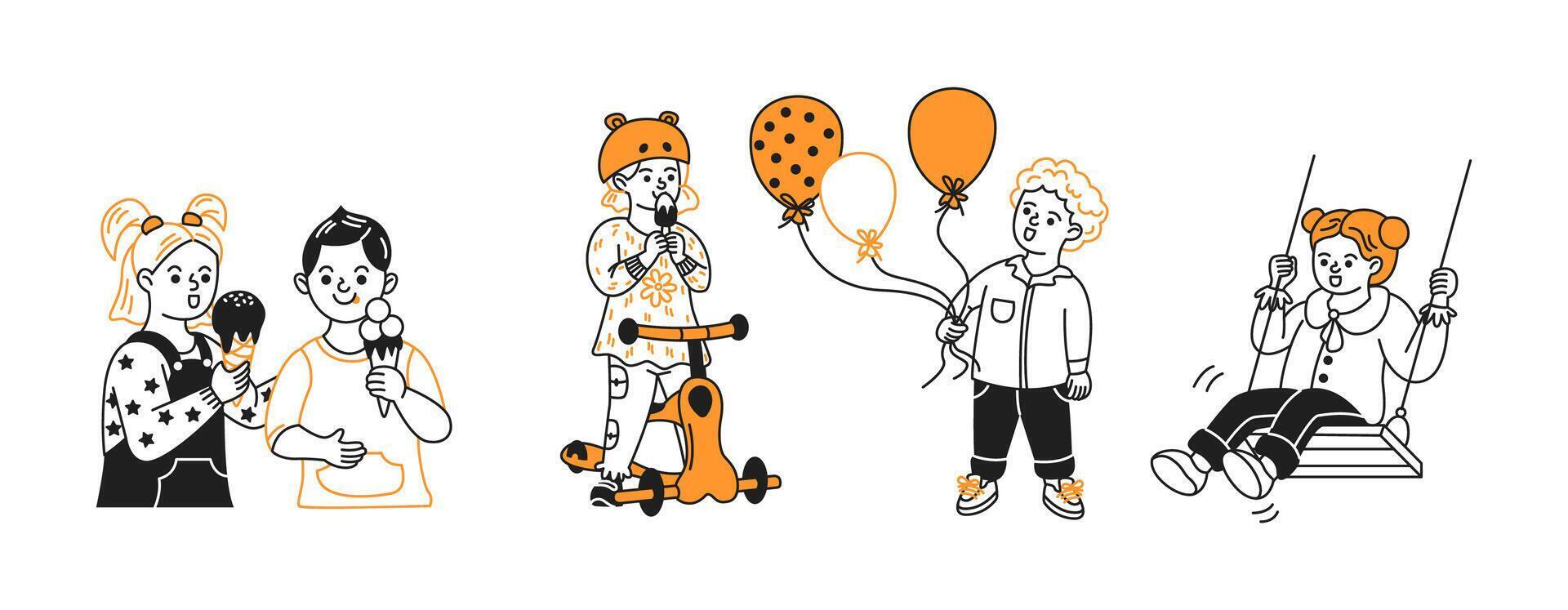 Illustration of joyful children with ice cream, balloons, riding a scooter, and swinging. Monochromatic palette with cheerful expressions on a simple white background. vector