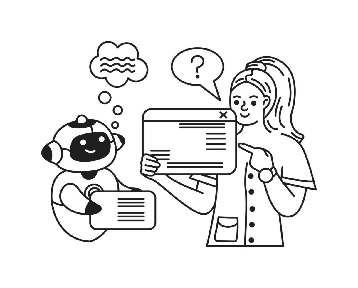 Illustration of woman and artificial intelligence communicating in line art style. Black and white depiction showcasing teamwork and interaction. Useful for tech and education visuals. vector