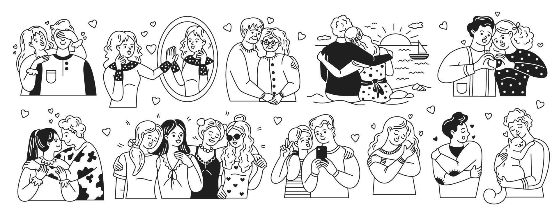 Charming line art depicting various couples in affectionate poses. Each scene showcases love and joy, capturing moments like hugs, selfies, and shared smiles. vector