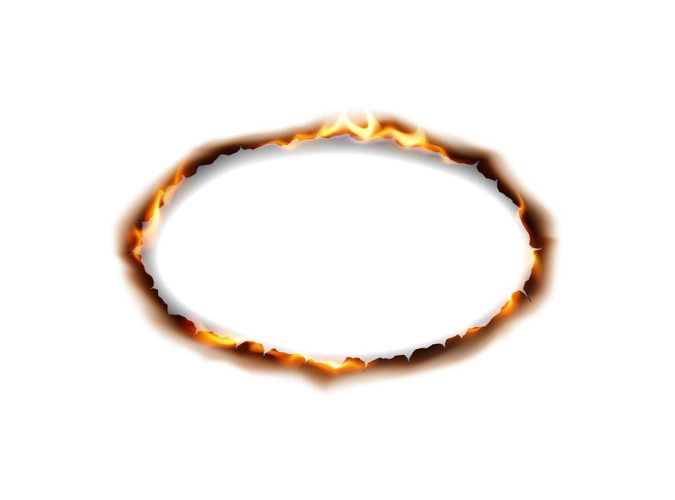 Burning oval shape with fiery edges on a white background. The illustration exhibits bright flames encircling a central blank space, creating a dynamic effect. vector