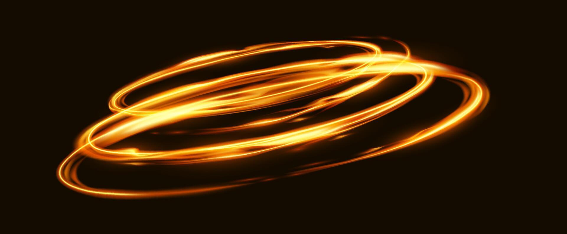 Dynamic abstract art with swirling golden light trails on dark background. Radiant energy flows create movement and depth in an elegant display of luminosity. vector