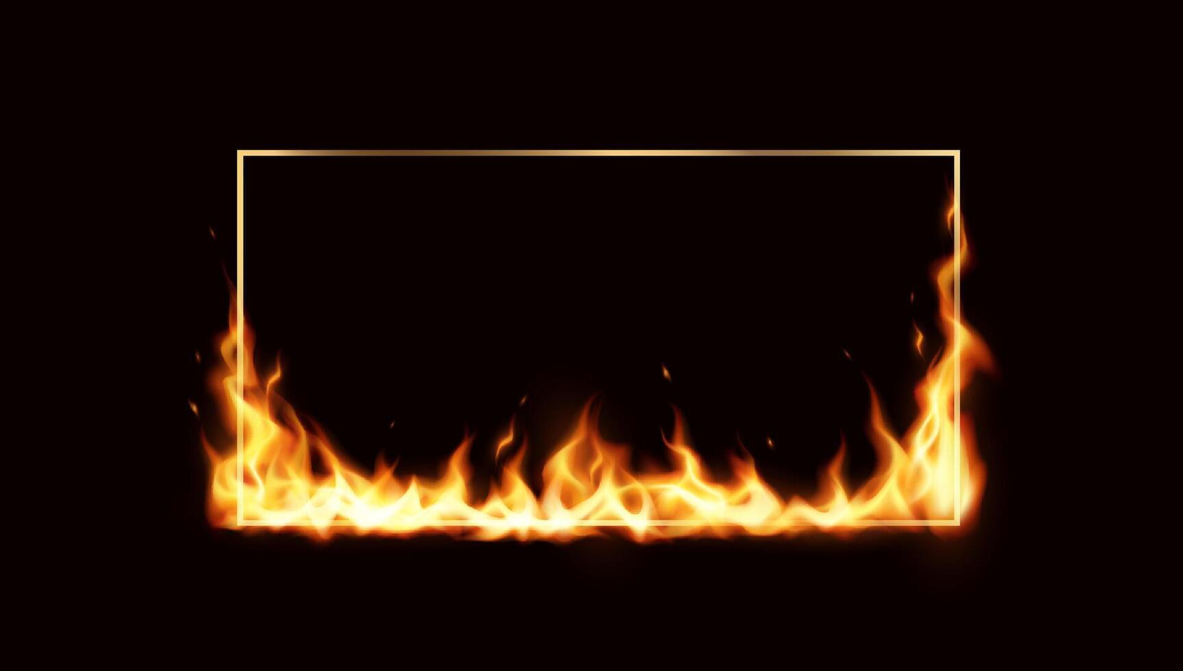 Rectangular glowing frame with flames on dark background. Vibrant orange fire creates intense and dynamic effect. Ideal for dramatic presentations or designs. vector