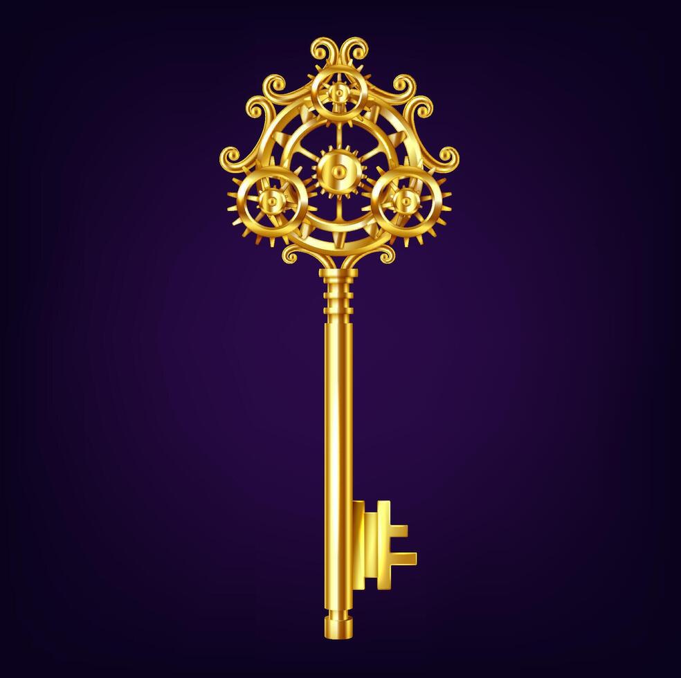 Digital artwork of a golden key with intricate steampunk gears. Set against a deep purple background. Represents creativity and innovation in design. vector