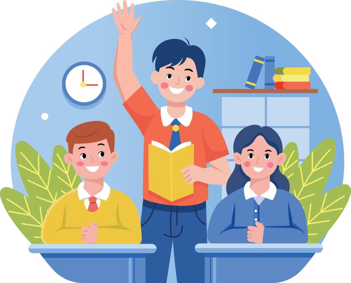 A flat style illustration showing a student asking questions vector