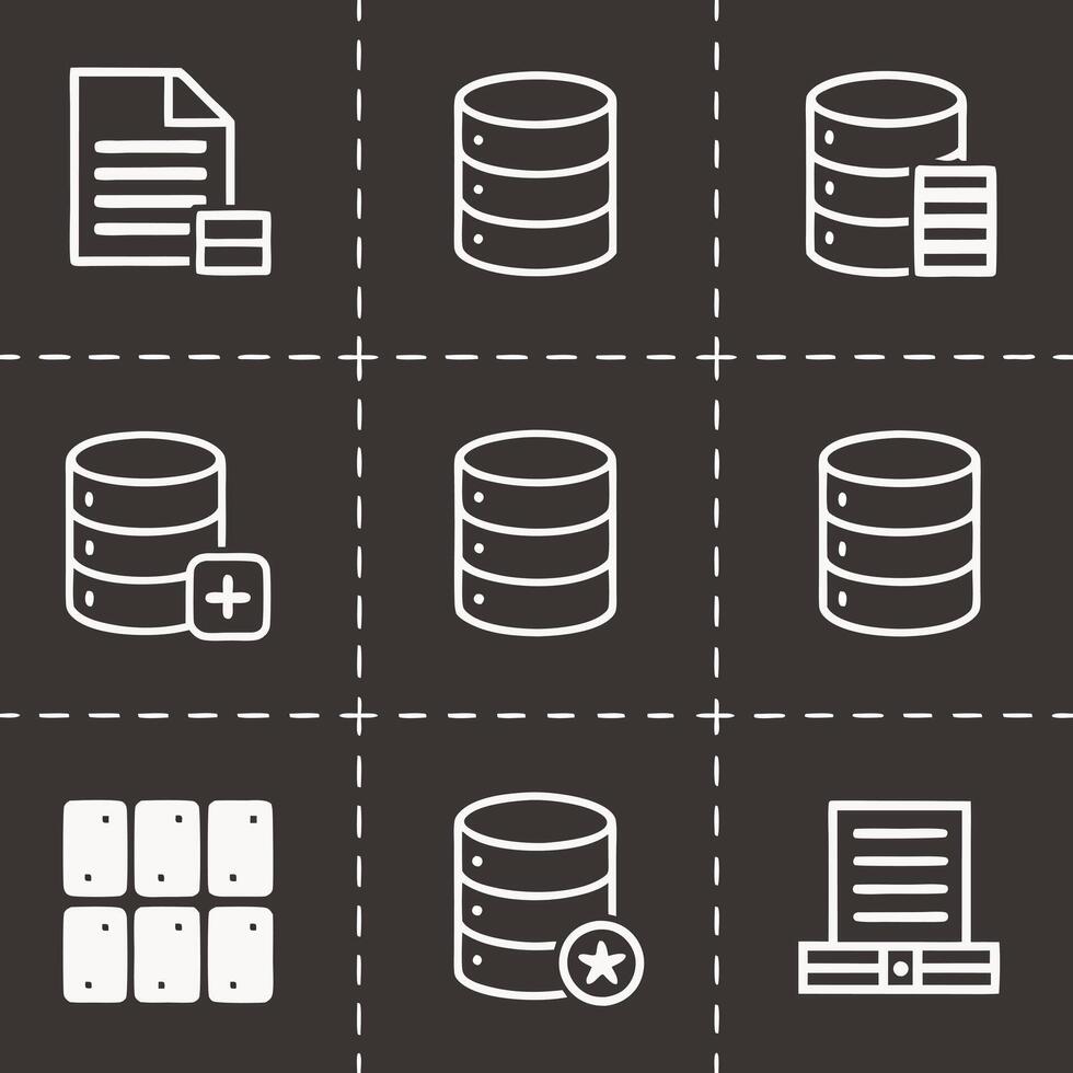 Database and data icons, including favorite and add functions vector