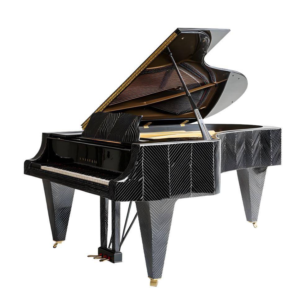 Elegant black grand piano with intricate patterned detailing isolated on transparent background png
