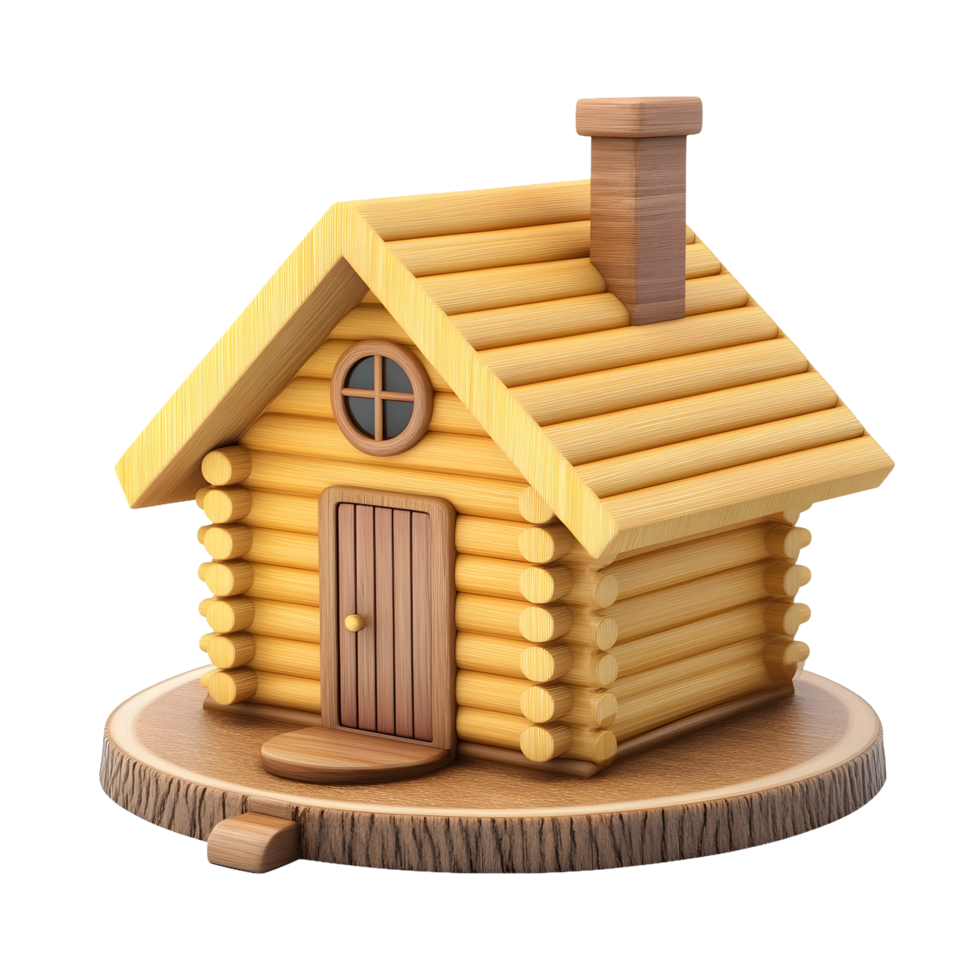 Charming wooden log cabin with a round window and chimney isolated on transparent background png