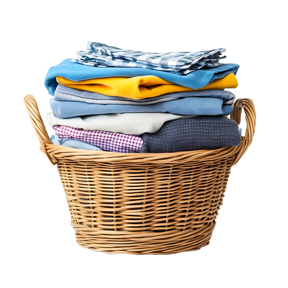A wicker basket overflowing with a neat stack of colorful folded clothes isolated on transparent background png