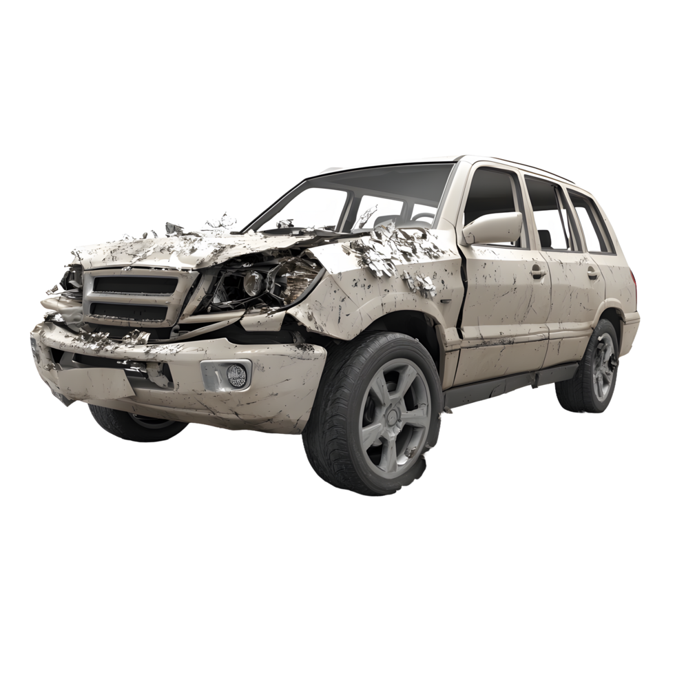 Damaged beige suv vehicle with crumpled front end isolated on transparent background png
