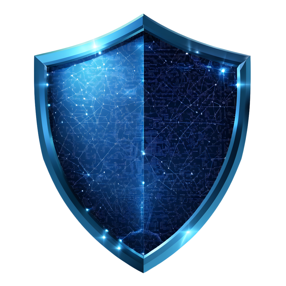 Digital blue shield with circuitry pattern and glowing edges isolated on transparent background png