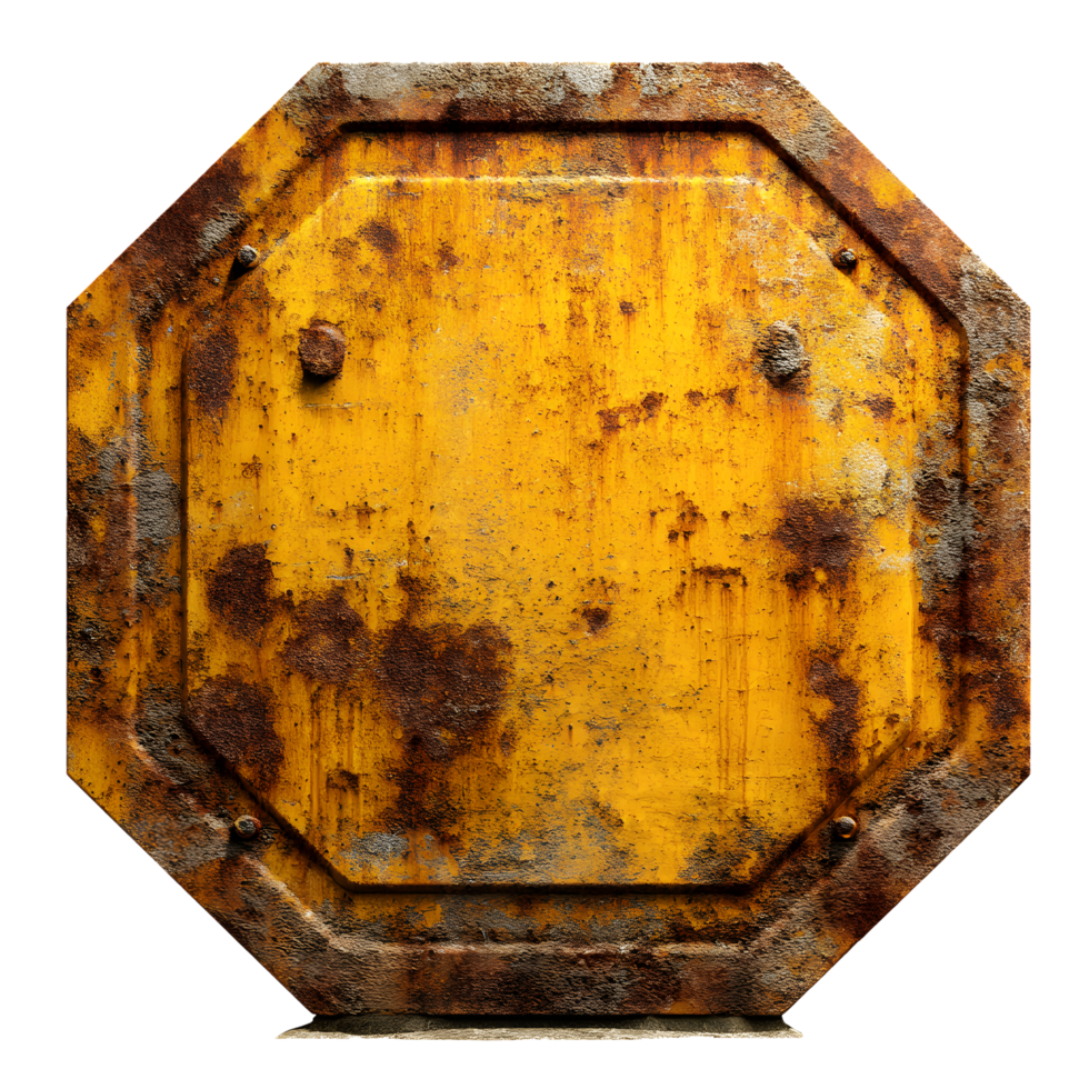 Weathered octagonal yellow metal sign with rust and texture isolated on transparent background png