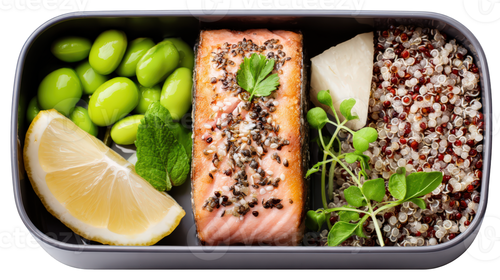 Salmon fillet with quinoa, edamame, lemon wedge, cheese, and fresh herbs in healthy bento box, vibrant and nutritious meal for lunch or dinner png
