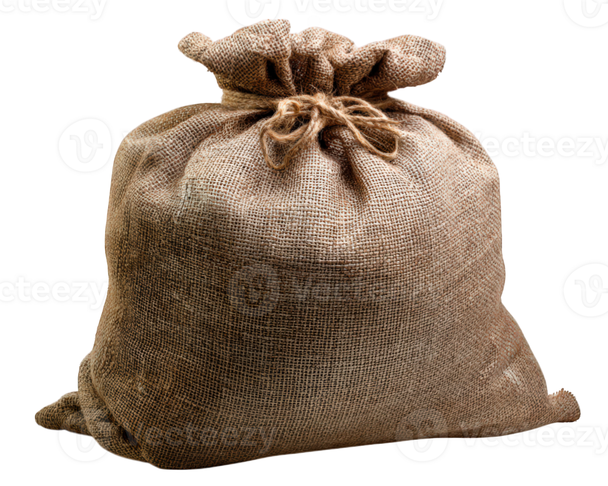 Burlap sack with coarse texture, tied at top, rustic brown fabric, used for storage or transport, isolated on transparency background png