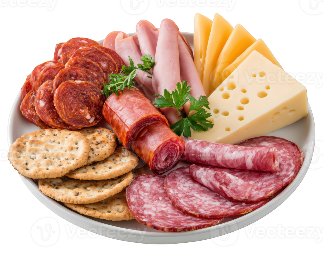 DescriptionSliced salami, pepperoni, ham, Swiss cheese, cheddar cheese, and crackers arranged white plate with parsley garnish, creating delicious and inviting deli meat platter for appetizer png