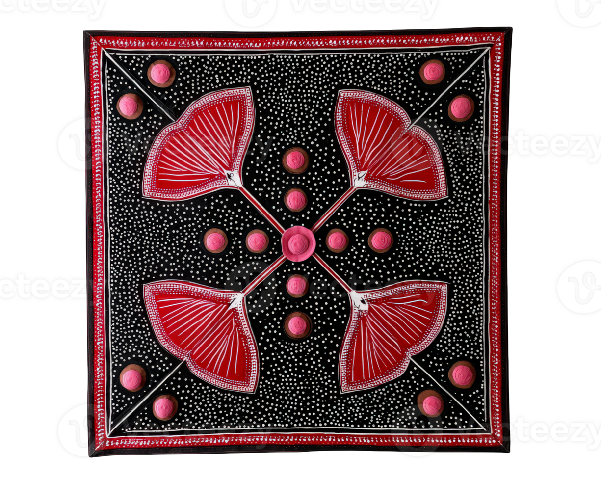 Red and white ethnic pattern batik cloth square, featuring abstract floral design, dotted background, geometric shapes, and vibrant artistic style, suitable for textile or decor png