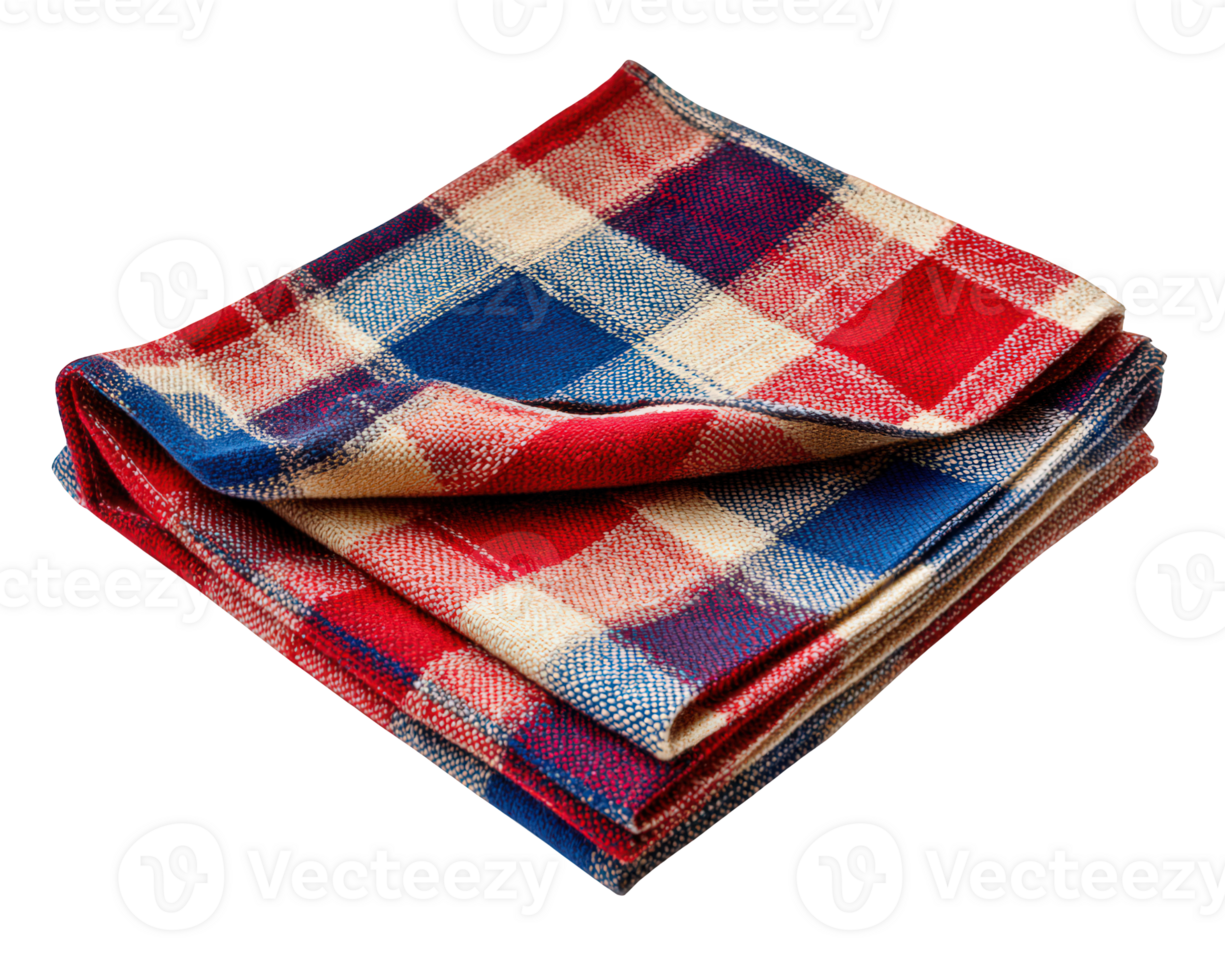 Folded plaid flannel fabric with red, blue, and cream checkered pattern, soft texture, textile material, cozy and warm feeling, isolated on transparency background png