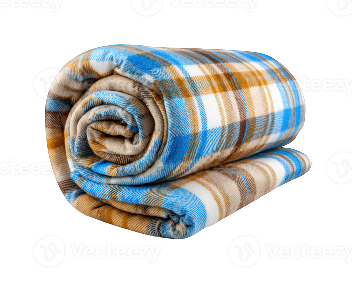 Rolled plaid flannel fabric featuring blue brown and white checkered pattern soft texture cozy and warm ideal for home decor bedding or crafts projects png