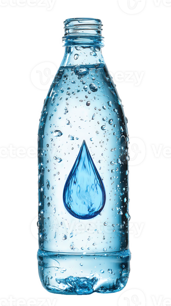 Clear plastic water bottle with blue water droplet icon, condensation, and refreshing appearance, isolated on transparency background, symbolizing hydration and purity png