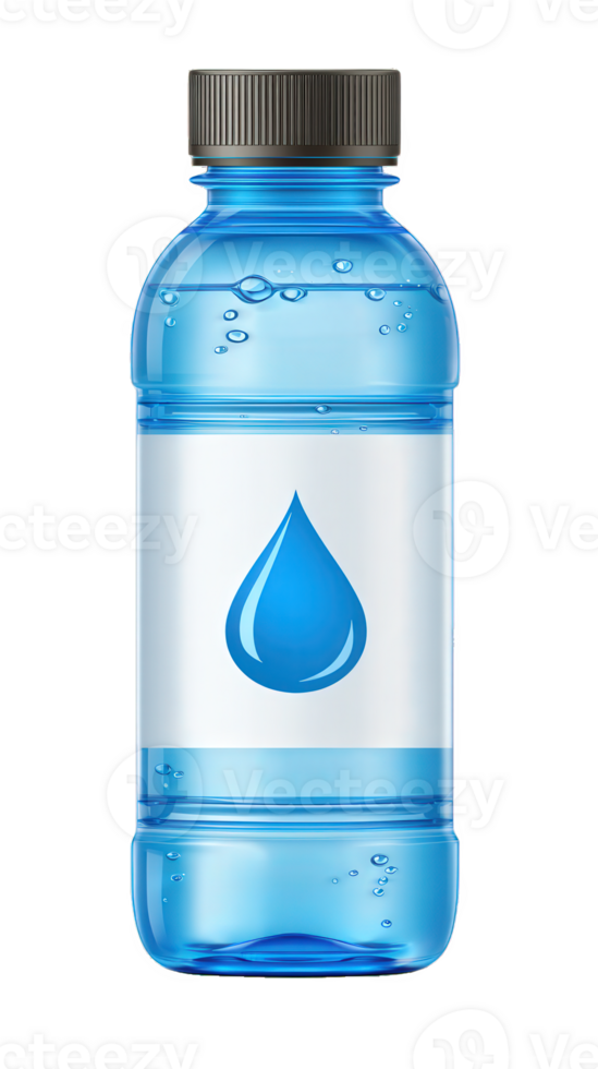 Plastic water bottle with blue cap, clear label featuring water drop icon, isolated on transparency background, refreshing and clean design, hydration concept png