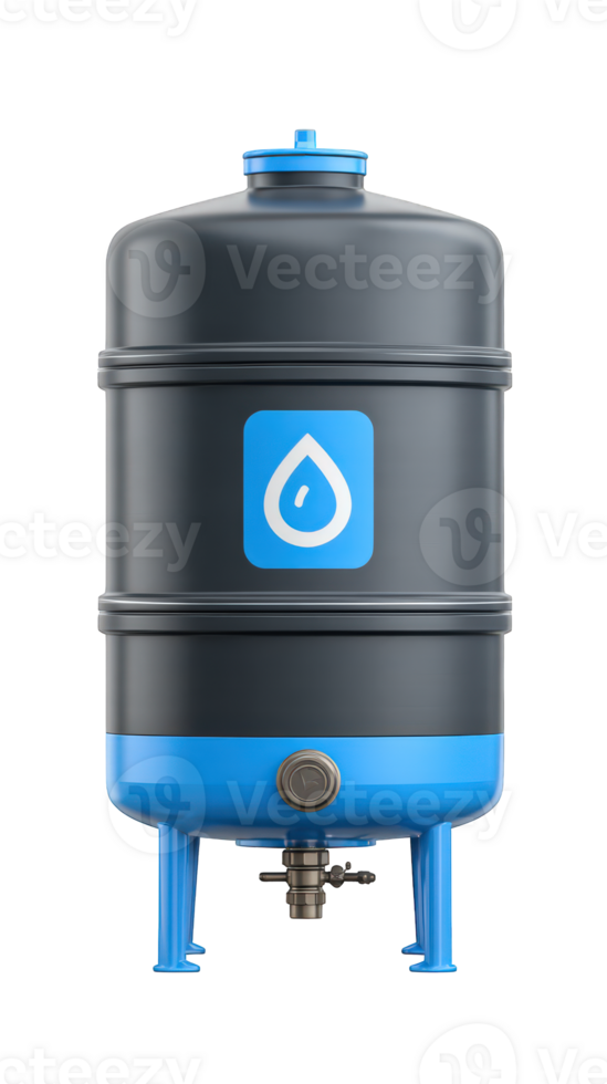 Large black and blue water tank with water drop icon, metal legs, and valve, isolated on transparency background, modern storage container for liquid, clean and practical design png