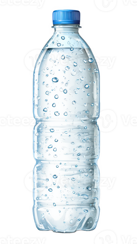 Clear plastic water bottle with blue cap, condensation droplets, isolated on transparency background, refreshing and clean, hydration concept, transparent container png