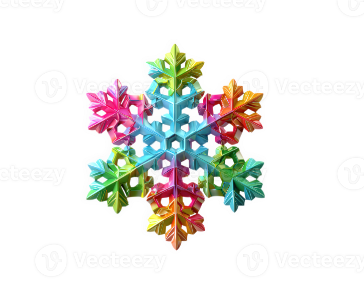 Colorful snowflake icon, vibrant geometric pattern, isolated on transparency background, cheerful winter decoration, symmetrical design, festive holiday symbol, digital art png
