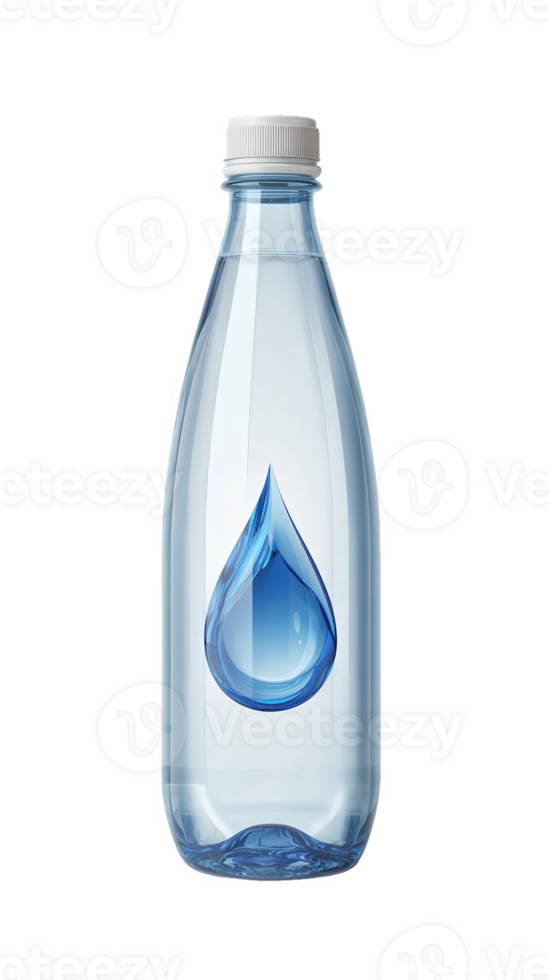 Clear plastic water bottle with white cap and blue water drop icon, isolated transparency background, modern design, refreshing and clean appearance, suitable for hydration and beverage concepts png