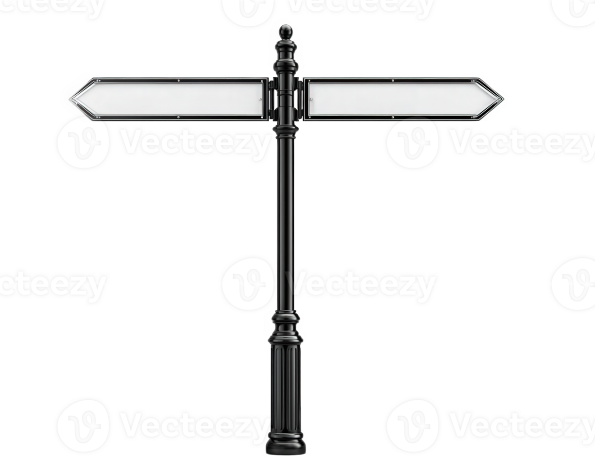 Blank metal street sign on black pole isolated on transparency background empty direction arrow urban object guidance navigation copy space simple design no text outdoor signage png
