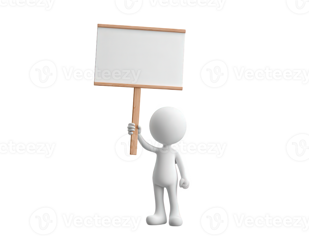 3D cartoon character holding blank protest sign transparency background simple design empty board for message standing pose concept of demonstration copy space neutral emotion png