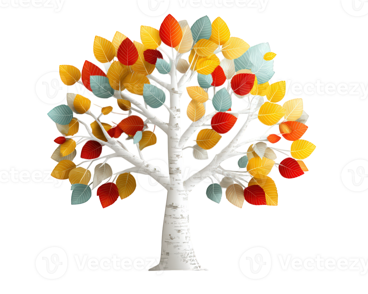 Paper cut tree with white trunk multicolor leaves in red yellow orange and blue isolated on transparency background autumn season creative art cheerful and vibrant mood png