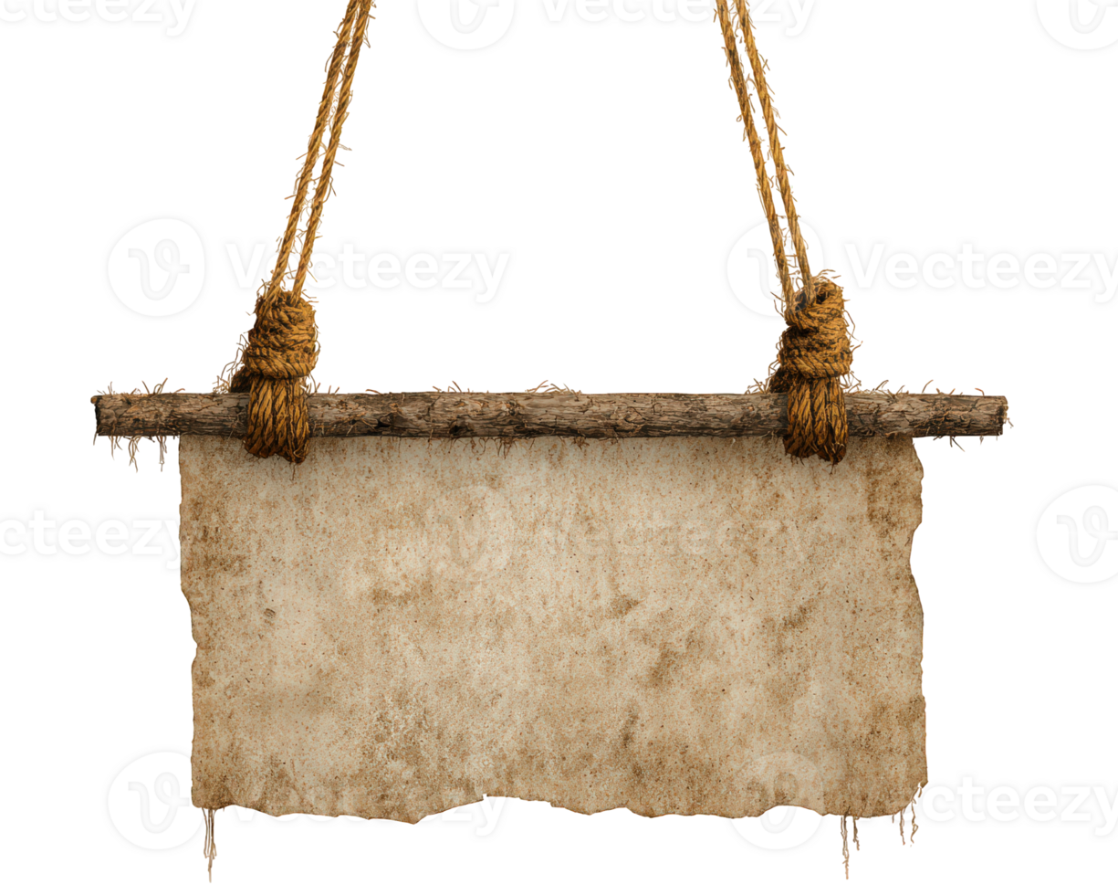 Vintage hanging shop sign blank parchment paper rustic wooden stick rough rope isolated on transparency background textured aged empty retro antique style png