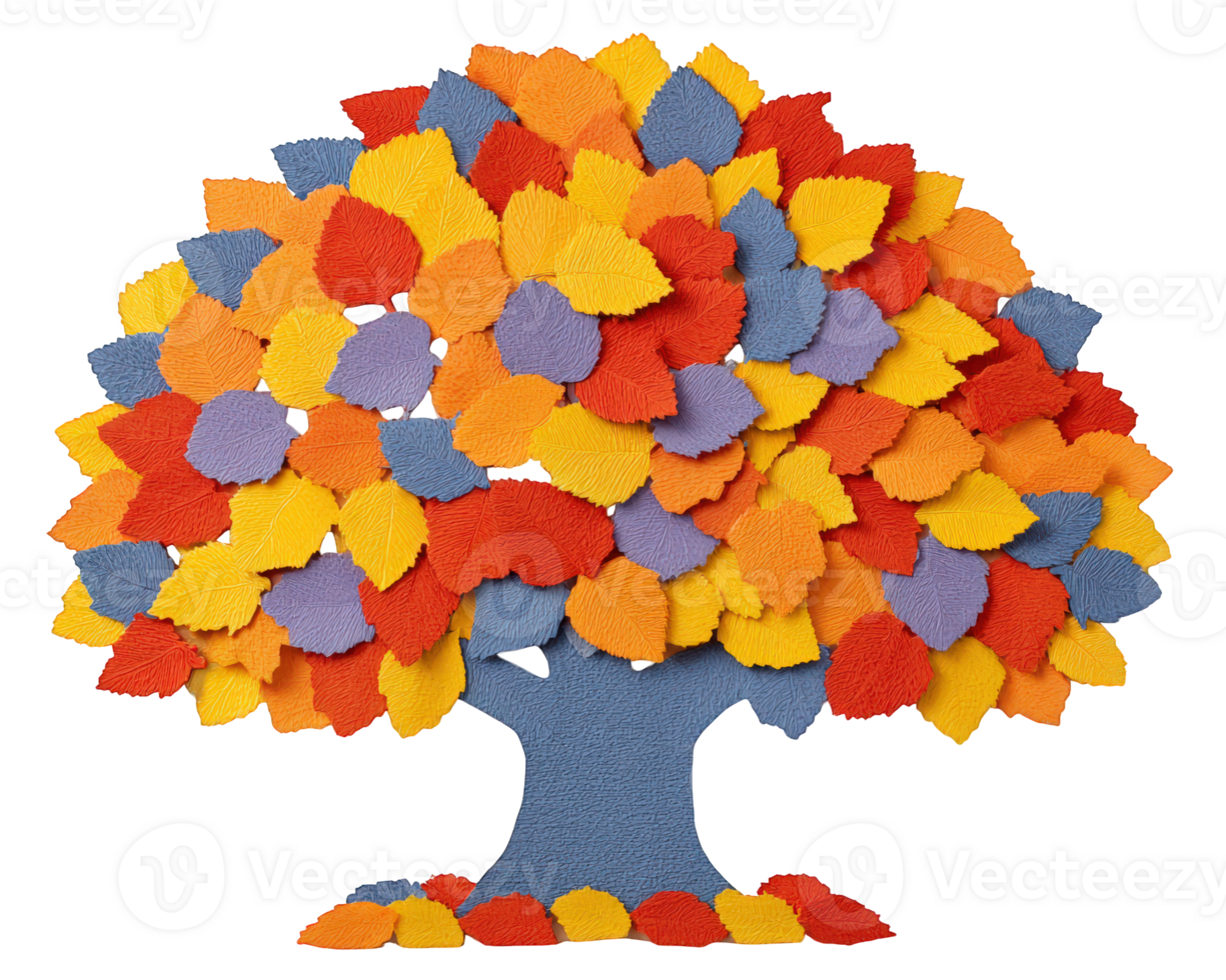 Colorful paper cut tree with multicolor leaves orange yellow red and purple isolated on transparency background autumn creative cheerful textured decorative art png