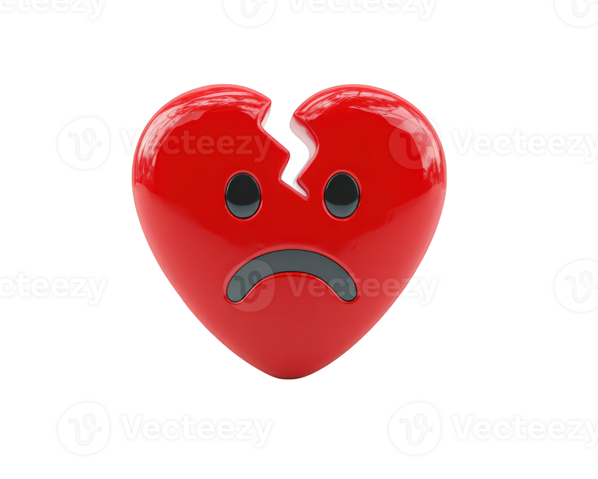 Broken heart icon with sad face emotion symbol in glossy red style isolated on transparency background, expressing sorrow and heartbreak feeling png