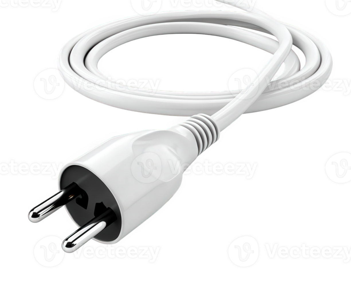 White electrical power plug with cable coiled isolated on transparency background, clean and modern design for electronic device connection and energy supply png