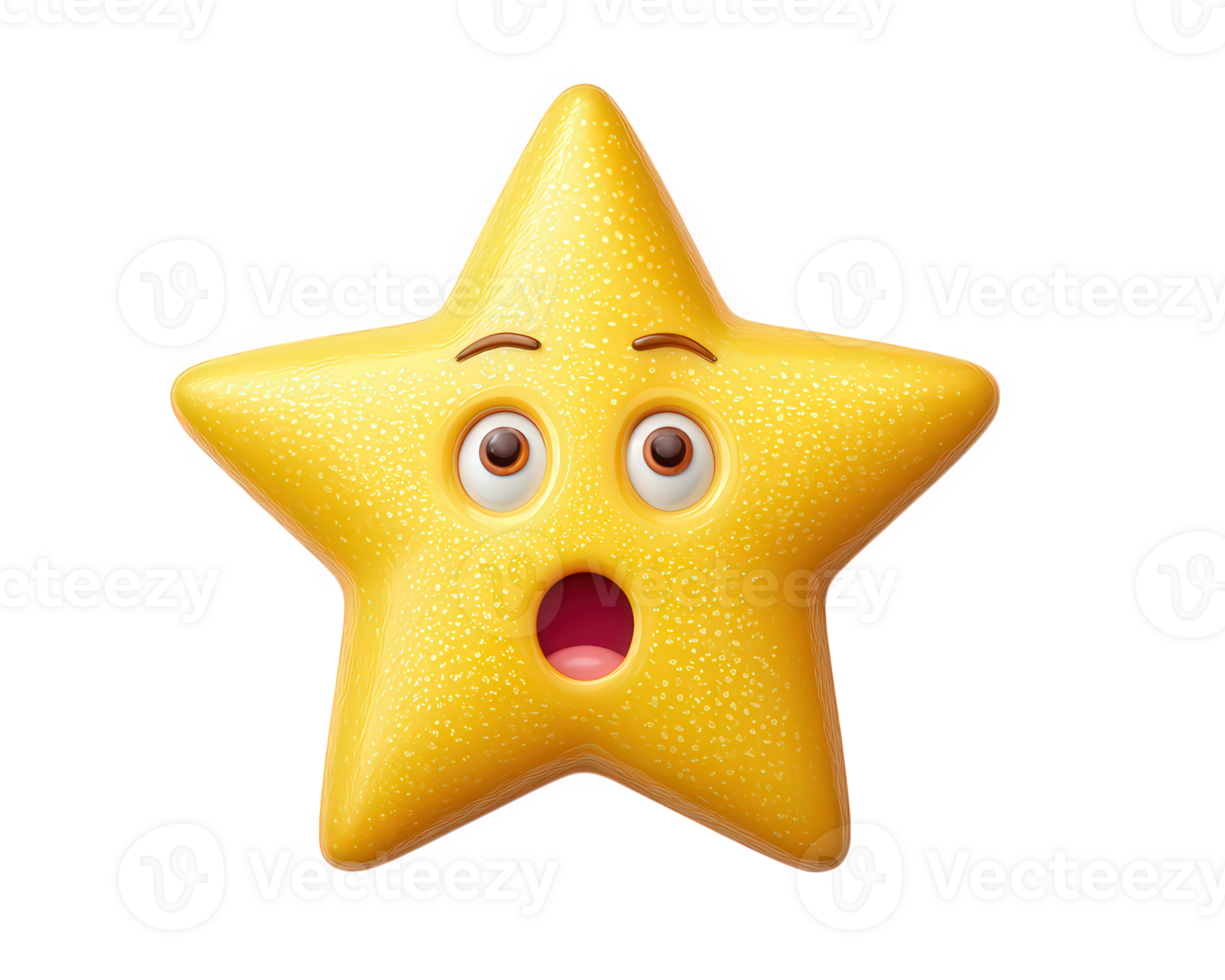 Surprised yellow star character with wide eyes and open mouth, glossy texture with small dots, isolated on transparency background, playful and expressive design png