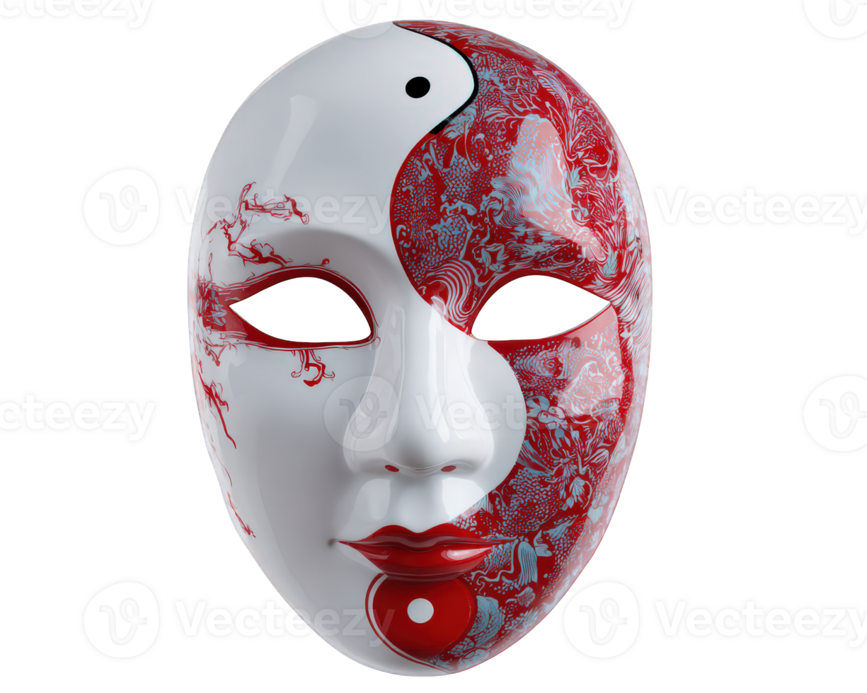 White and red ceramic mask with yin yang pattern, intricate dragon design, glossy finish, traditional Chinese style, mysterious and elegant, isolated on transparency background png