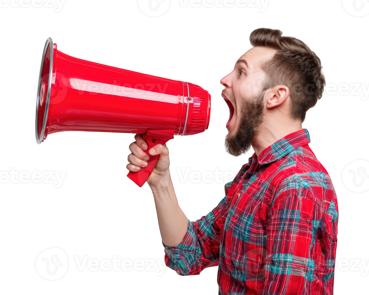 Man holding red megaphone shouting, isolated on transparency background, wearing plaid shirt, expressing excitement and energy, communication and announcement concept png