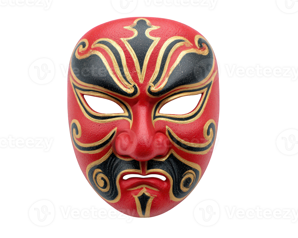 Red face traditional opera mask with bold black and gold patterns, symbolizing strength and loyalty, isolated on transparency background, dramatic and expressive design png