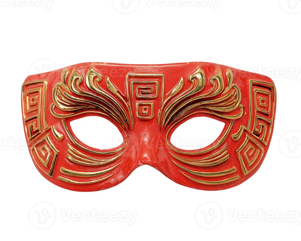 Red mask with golden eyebrows sharp lines geometric pattern dramatic style festive masquerade isolated on transparency background vibrant decorative celebration png