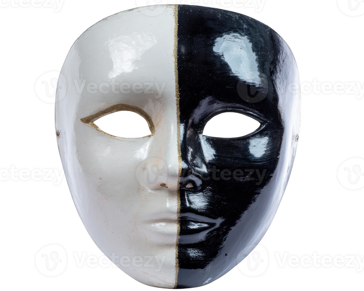 Black and white face mask with symmetrical design, glossy finish, dramatic expression, suitable for theater, masquerade, or artistic display, isolated on transparency background png