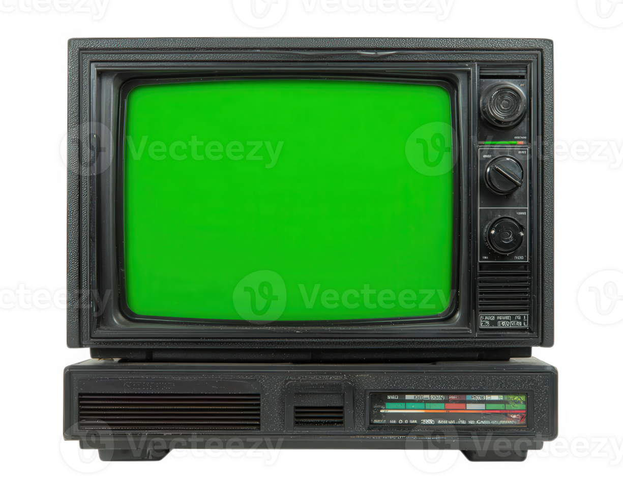 Old retro computer with green screen monitor, vintage style, black plastic material, nostalgic technology, isolated on transparency background, low resolution, classic design png