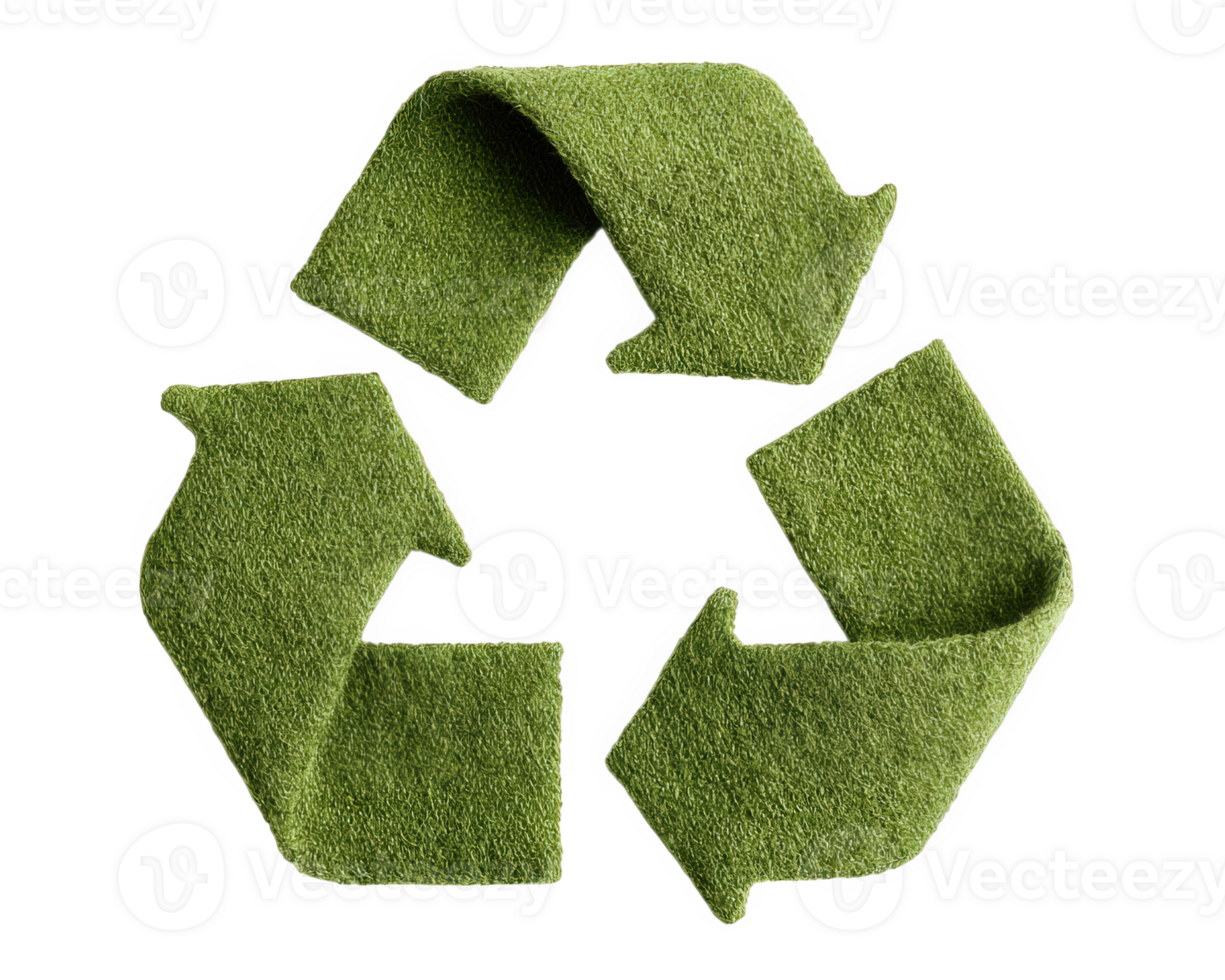 Green recycle symbol eco friendly concept isolated on transparency background textured grass material sustainability environmental conservation clean modern design png